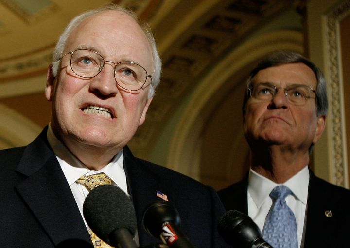 Former Vice President Dick Cheney (L) speaks as former Sen. Trent Lott (R-MS) looks on at the U.S. Capitol, April 24, 2007 in Washington DC.