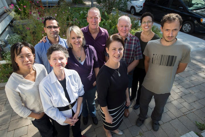 TORONTO, ON - SEPTEMBER 23 - A group called Ripple Refugee Project are sponsoring Syrian refugees privately. L to R are: Wendy Lai, Marjorie Lamb, Raghu Venugopal (blue shirt), Claudia Blume (blonde) Andrew FitzGerald, Rebecca Davies (front), Keith Beverage, Jennifer Bryan (glasses) and Karel Marsalek. September 23, 2015.