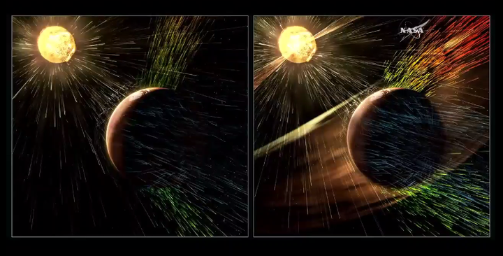 On the right, Mars being hit by solar winds. On the left, Mars during a solar storm.