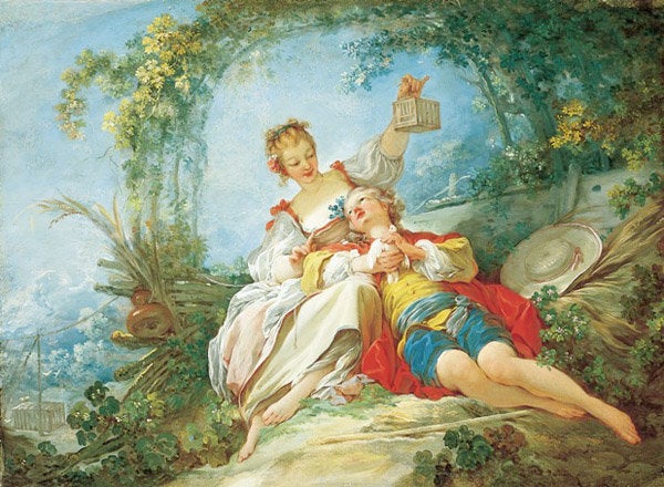 Happy Lovers, 1760-65, Jean-Honoré Fragonard. Oil on canvas, 35 1/2 x 47 3/4 in. The Norton Simon Foundation, F.1965.1.021.P. 