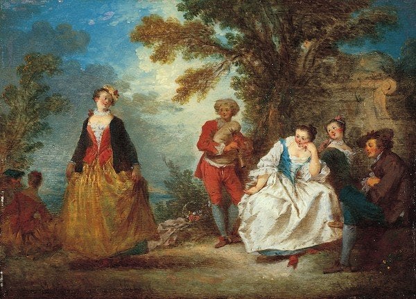 Fête Champêtre, about 1725, Bonaventure de Bar. Oil on panel, 7 7/8 x 10 3/4 in. The Norton Simon Foundation, F.1970.01.P.