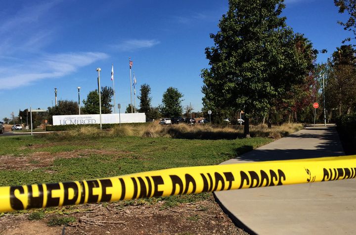 The scene outside UC Merced, where five students were injured and their alleged assailant shot and killed by law enforcement on campus Wednesday morning.