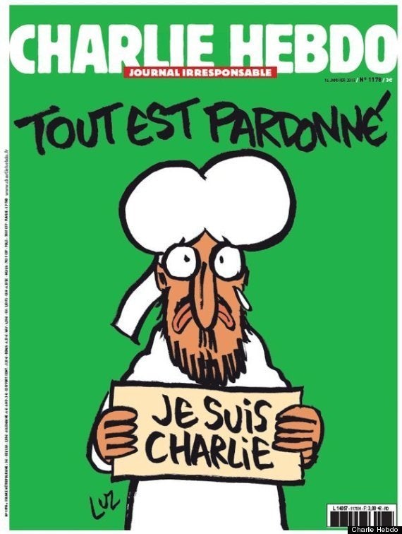 Charlie Hebdo's cover following the attack on their offices in January 2015. The captions reads: "All is forgiven."