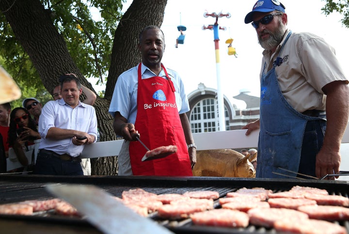 Ben Carson flipped pork burgers at the Iowa State Fair in August.