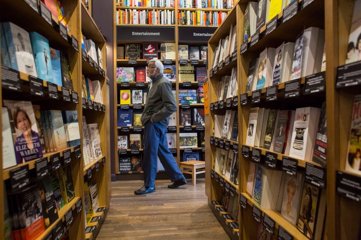 Inside the narrow aisles of Amazon Books.