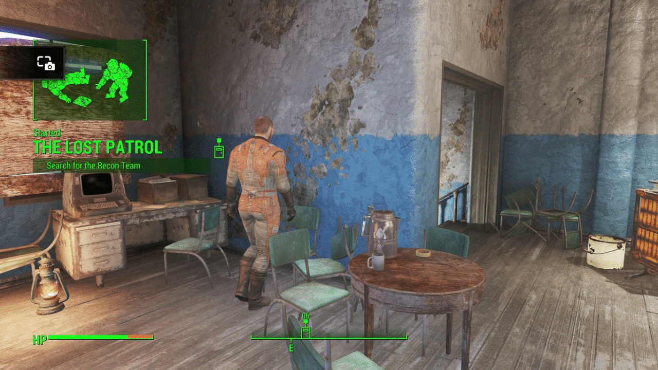 Above: A commanding officer in the Brotherhood of Steel aimlessly walks into a stationary chair for no reason.