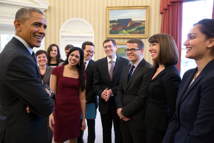 President Obama speaks with Maya Shankar and other members of the Social and Behavioral Sciences Team in January 2015.