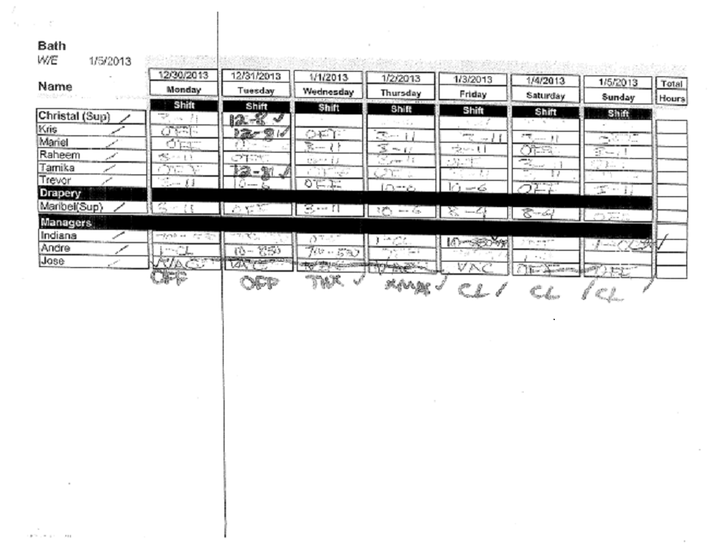 A copy of Alcantara's schedule, which shows that he was originally not expected to work on Jan. 3-5, 2014.