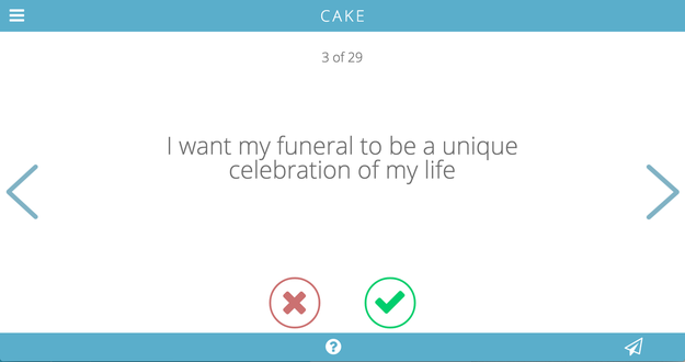 Cake asks people to think about what they want for their funerals as part of end-of-life planning.