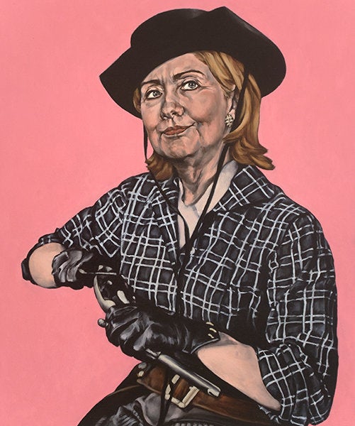 Cowboy Diplomacy: "This one also went fast but it started with a photo of Hillary with a certain expression suggesting something that I didn’t know how to articulate. It was a matter of finding the right body for it, literally an embodiment of it. I was looking at pictures from the sets of B-movie Westerns when I began to glimpse it. It was all about the gloves. She leaves no fingerprints. Maybe this is what she means by smart power?"