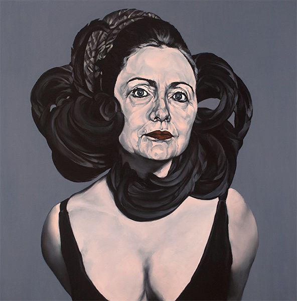 Don’t Hate Me: "This painting was based on a 1964 Avedon photo of Elizabeth Taylor. It is Hillary as sublime femme in a repressed sort of way. An ornate headdress contains her head and her arms appear to be bound behind her back. It is the kind of repression that seduces one to imagine what is under wraps, admittedly a favorite pastime of mine."