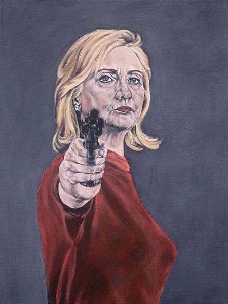 Red Gun: "I’ll start with this one because it’s on the cover of Doug Henwood’s forthcoming book on Hillary called <em>My Turn</em> which is in the news right now. The inspiration was a photograph of Natalie Wood by Ralph Crane for Life Magazine in 1956. This image was on my desktop forever because I loved looking at it and I had to wait until I found the right Hillary expression for it. One day I stumbled on a photo of Hillary that I thought was perfect and started the painting the next day. I knocked it out in three days, a record for me."