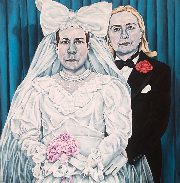 Love Won: "This is based on Pierre et Gilles’ 'Wedding Photo' from 1993. It was a fake homo-wedding, my favorite kind. I wanted to paint something on the heels of the Supreme Court decision, which captured my ambivalence about it all. I for one never dreamed of being a bride but only parroting one or performing a groom, which I gave to Hillary because she is quite handsome. Anyway, the days of parody are over and even though there is plenty to celebrate, there is also something to mourn here, namely the triumph of domesticity over sublime passionate love."