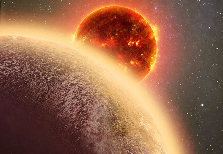 GJ 1132b, a newfound rocky exoplanet only 39 light-years away, circles a red dwarf star.