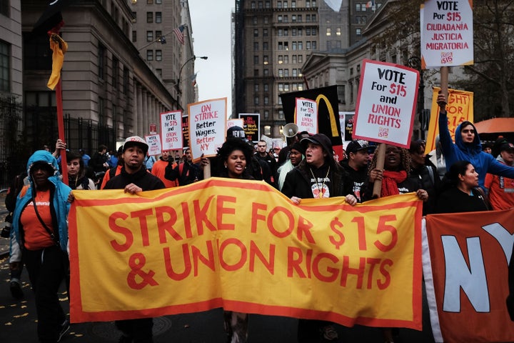 Low-wage workers and supporters protest for a $15 minimum wage on Nov. 10, 2015, in New York.