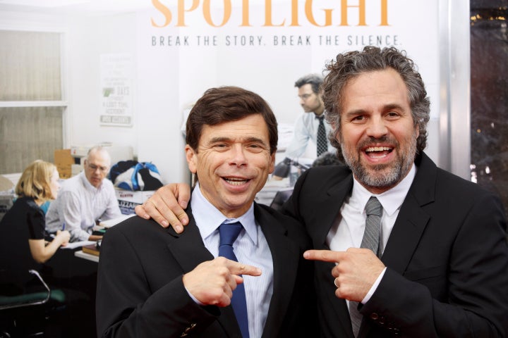 Boston Globe reporter Michael Rezendes, left, posted for a picture with Mark Ruffalo, right, the actor who portrayed him in the movie Spotlight.