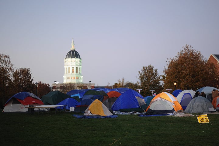 Protesters' tents remain on the campus of the University of Missouri on Nov. 9, 2015, in Columbia, Missouri.