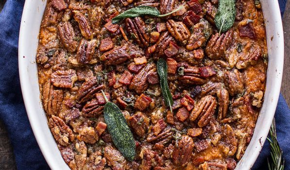 Get the Bourbon Sweet Potato Casserole With Sweet and Savory Bacon Pecans recipe from Half Baked Harvest.