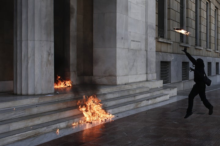 Some bombs struck the frontage Greek central bank.