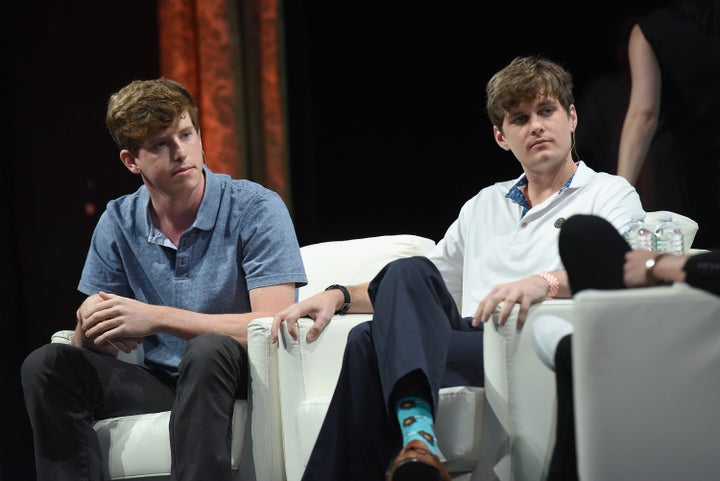 Yik Yak co-founders Brooks Buffington and Tyler Droll speak onstage during TechCrunch Disrupt NY 2015. Civil rights groups are pressuring the company to do more to monitor offensive speech in posts on the app.