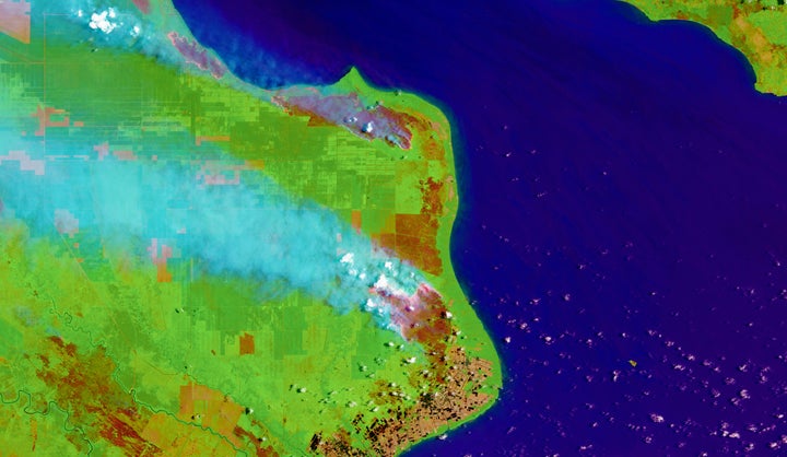 A shortwave infrared satellite view of the South Sumatra forest fires on Sep. 23, 2015, in South Sumatra, Indonesia.