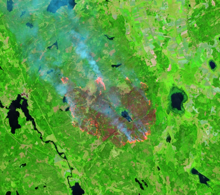 A shortwave infrared satellite image of the fire location on Aug. 4, 2014, in Sweden. The bright red/orange colors are showing the blaze. The record-breaking forest fire broke out in central Sweden as a heat wave across several regions of northern Europe hampered firefighting efforts. More than 1,000 people were evacuated and one person died.