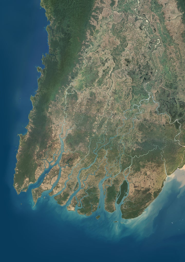 True color satellite image of Irrawaddy Delta in Myanmar. The Irrawaddy River flows into the Bay of Bengal and Andaman Sea. On May 2, 2008, the delta suffered a major disaster, devastated by Cyclone Nargis. 