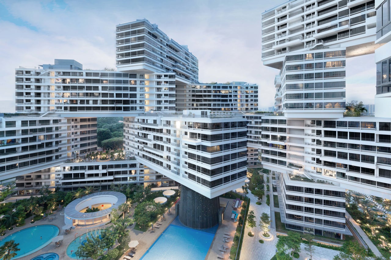 The recently completed housing development will provide 1,040 apartment units of varying sizes in Ole Scheeren, Singapore, stacked in hexagonal arrangements around eight courtyards.