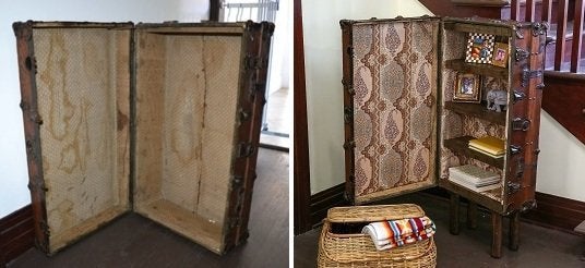 Wardrobe Trunk Upcycled Into Campaign Style Bookcase