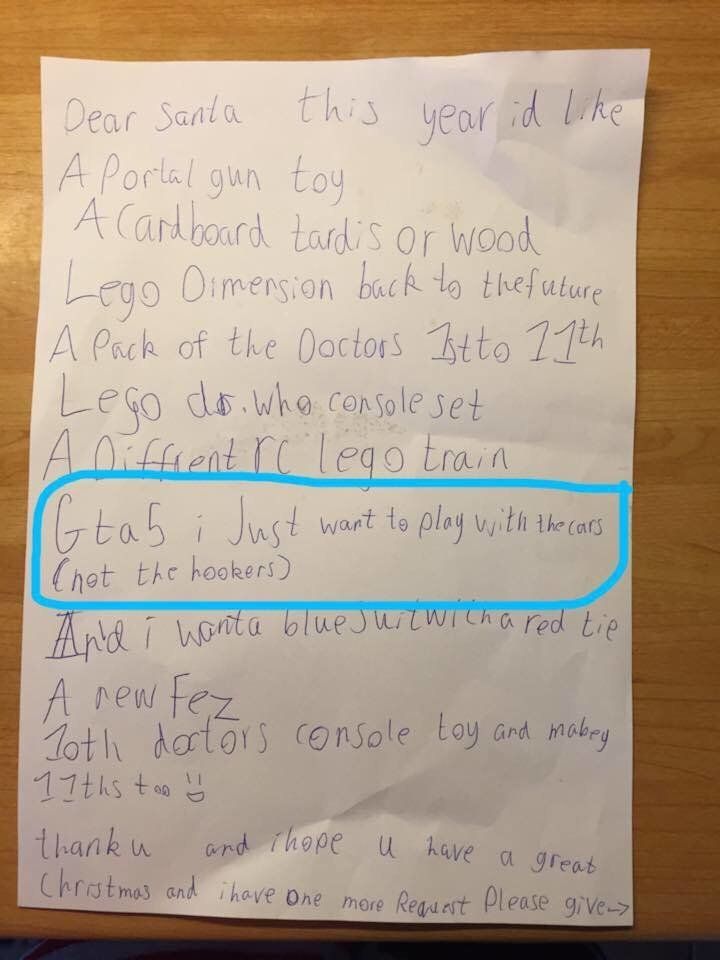 Rory's letter to Santa, which shows a request for "GTA5... (not the hookers)."