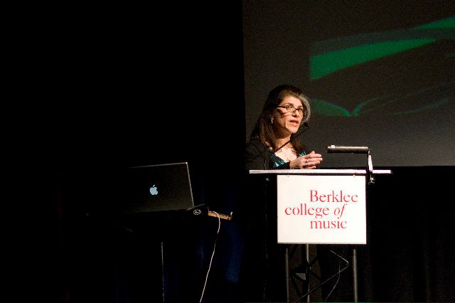 Lori Landay, a Berklee College of Music cultural studies professor, speaks at a recent campus gathering.