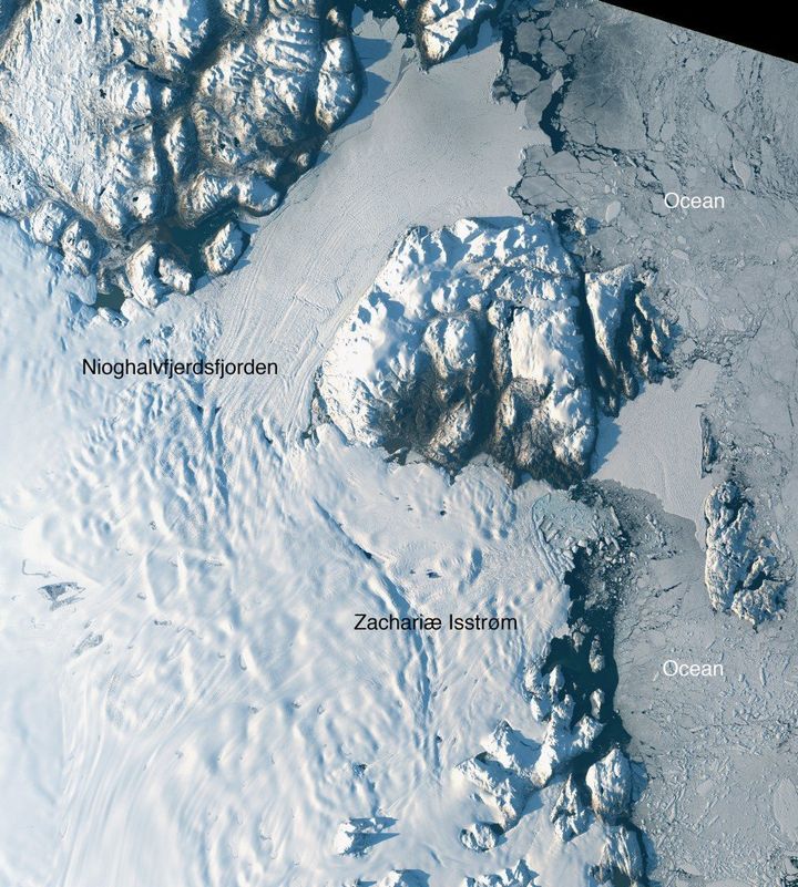 Satellite image taken Aug. 30, 2014, of Zachariæ Isstrøm and Nioghalvfjerdsfjorden glaciers in northeast Greenland.
