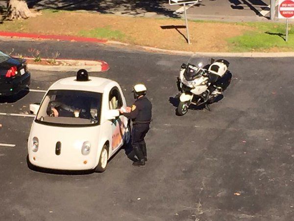A Google self-driving car is pulled over for going too slow by a Mountain View, California police officer.