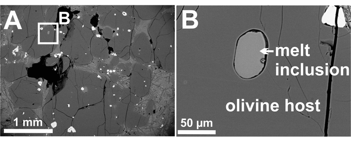 A microscope image of the Baffin Island rock sample, which showed a mineral olivine (in image B) containing tiny amounts of water sourced from deep beneath Earth's surface.