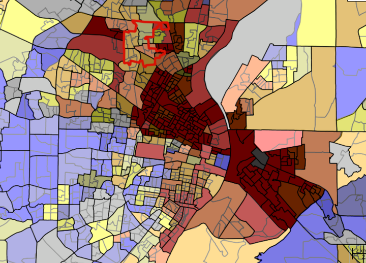 An interactive map showing racial segregation in the greater St. Louis area. The darker the red color, the higher the percentage of African Americans is in an area.