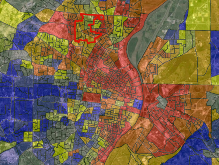 An interactive map showing socioeconomic segregation in the greater St. Louis area. The darker the red color, the higher the poverty rate is in an area.