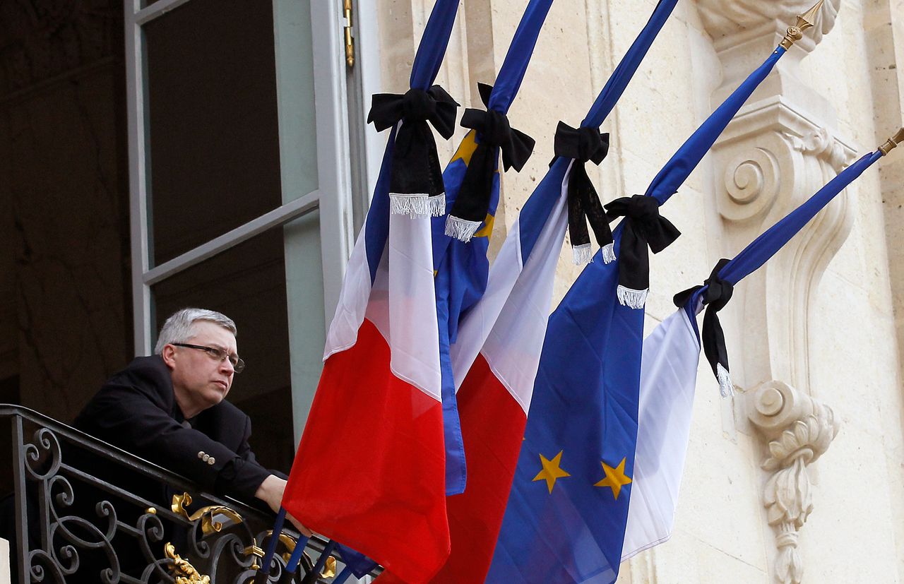 French flags are set at half mast after French president Francois Hollande declared three days of national mourning at the Elysee Palace on Nov. 14, 2015, in Paris, France.