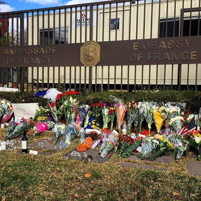 Flowers outside the French Embassy in Washington, D.C., on Saturday, Nov. 14, 2015.