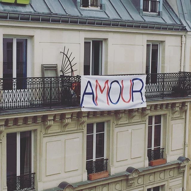 A sign posted on a balcony in Paris on Nov. 14, 2015.