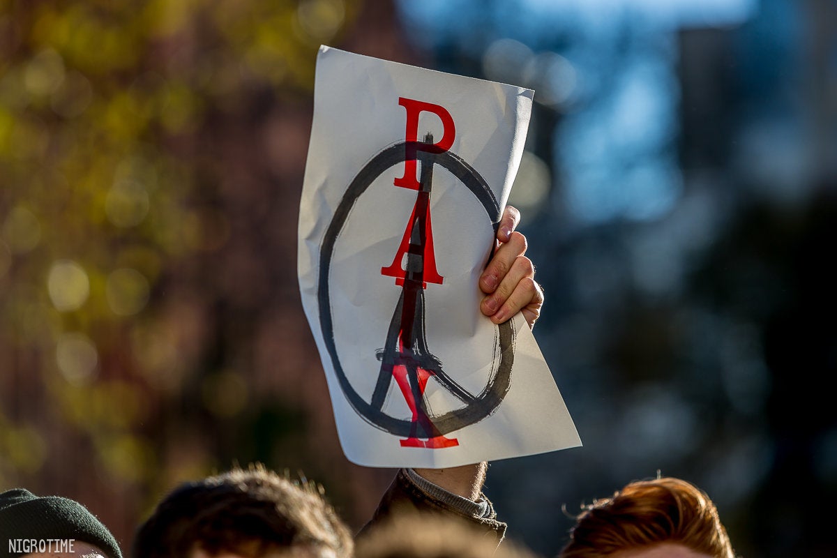 Supporters gather in Washington Square Park in New York City to show support for Paris on Saturday Nov. 14, 2015.