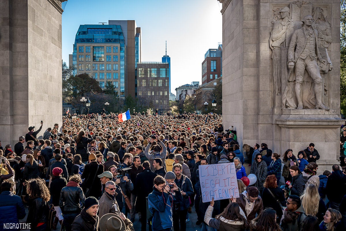 Supporters gather in Washington Square Park in New York City to show support for Paris on Saturday Nov. 14, 2015.