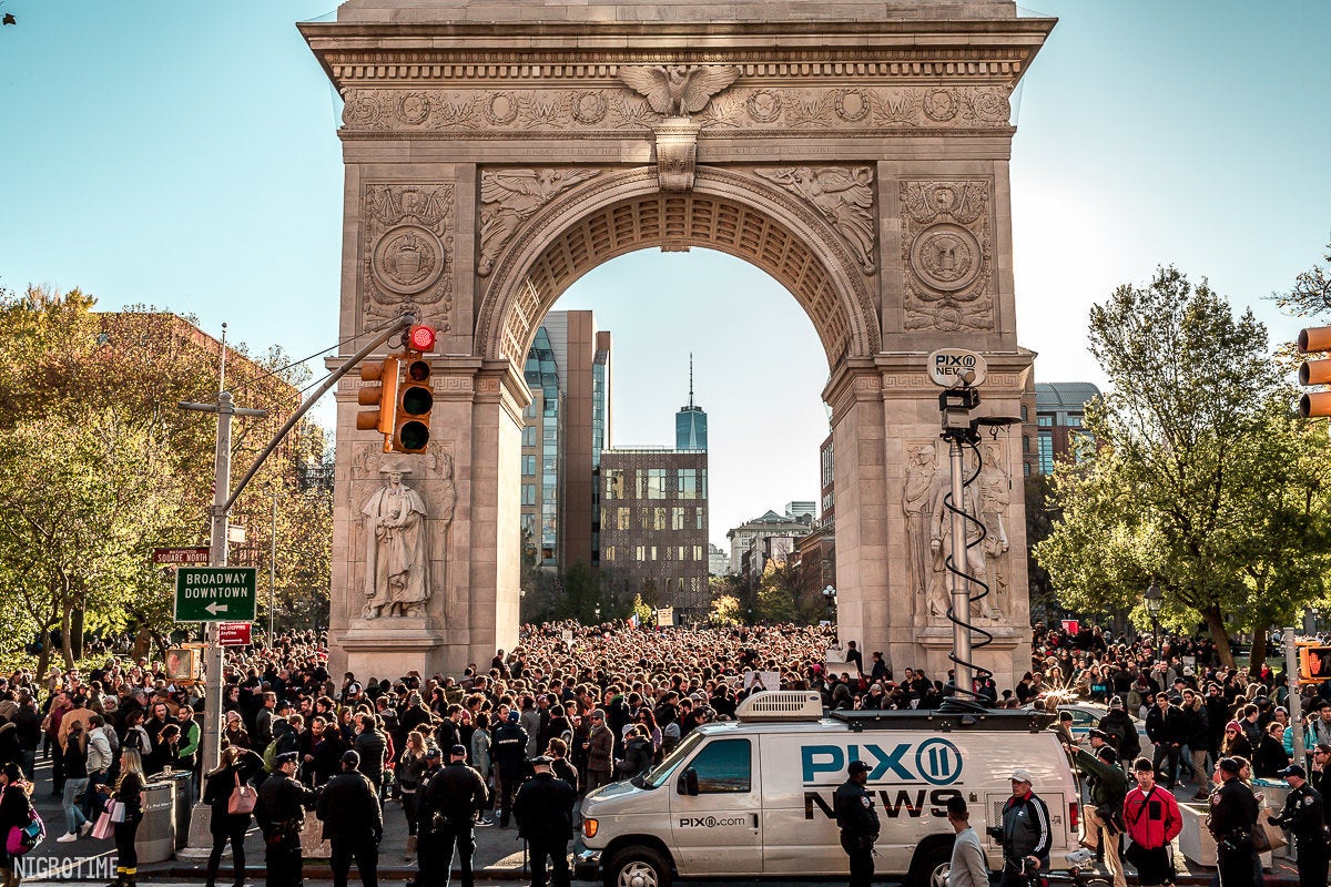 Supporters gather in Washington Square Park in New York City to show support for Paris on Saturday Nov. 14, 2015.