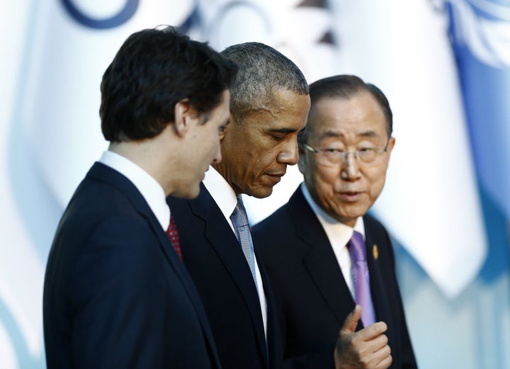 Canadian Prime Minister Justin Trudeau (L), US President Barack Obama (C) and UN Secretary-General Ban Ki-moon are seen befor