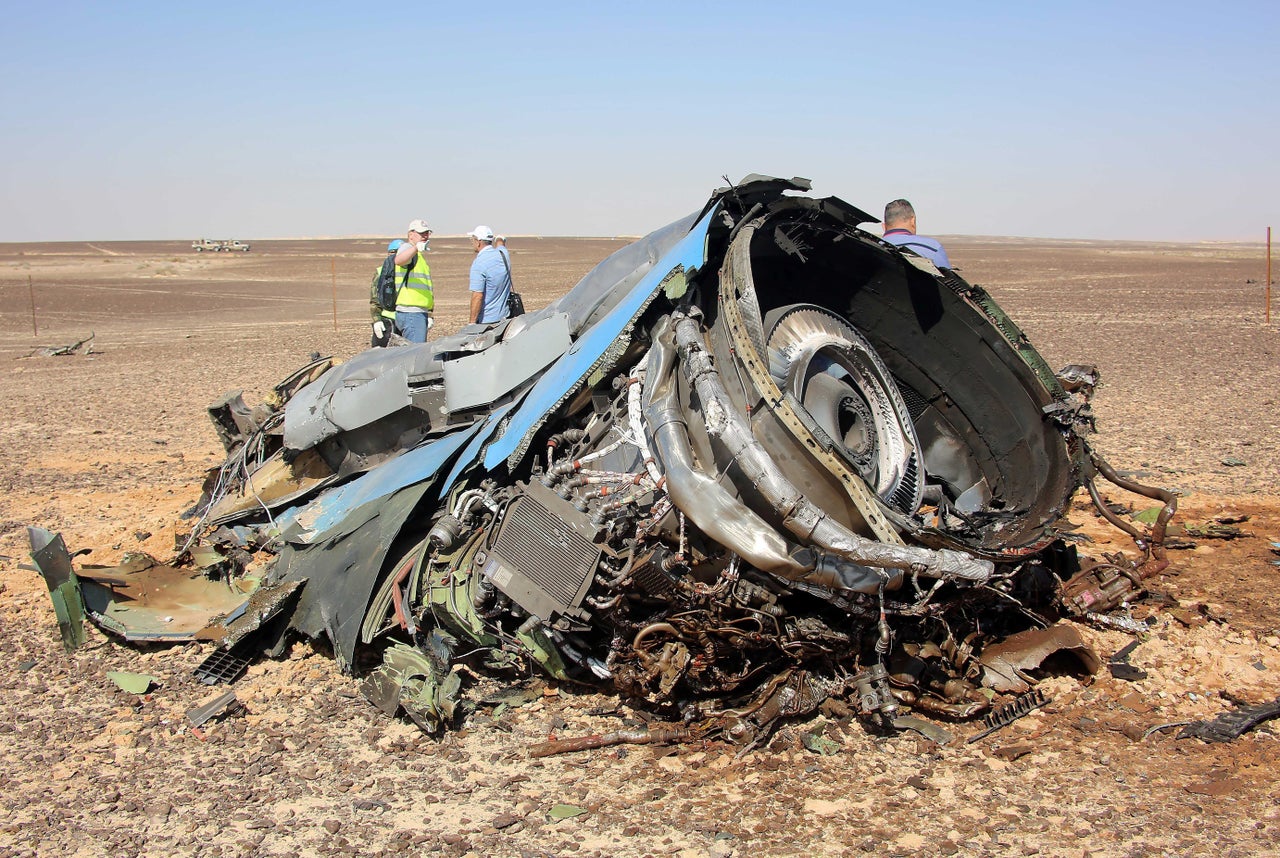 SUEZ, EGYPT - NOVEMBER 01: A plane part is seen as the Egyptian officials inspect the crash site of Russian Airliner in Suez, Egypt on November 01, 2015. A Russian Airbus-321 airliner with 224 people aboard crashed in Egypt's Sinai Peninsula on yesterday. According to Egypts Civil Aviation Authority, the plane had been lost contact with air-traffic controllers shortly after taking off from the Egyptian Red Sea resort city of Sharm el-Sheikh en route to St Petersburg.