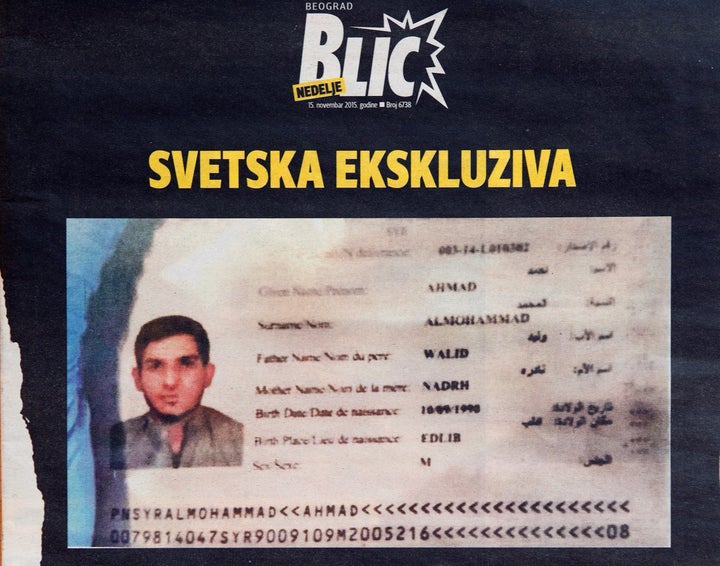 The Syrian passport found near the remains of one of the suicide bombers in the attack on the Stade de France in Paris on Fri