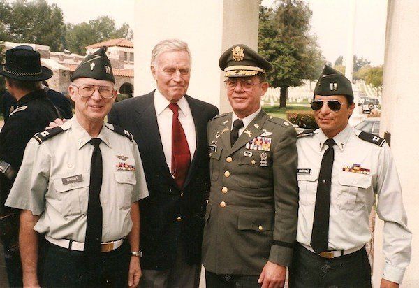 Captain Ed Wright, Charlton Heston, Colonel Patrick Field, and Rick Martinez at Los Angeles National Cemetery (1985 or 1986)