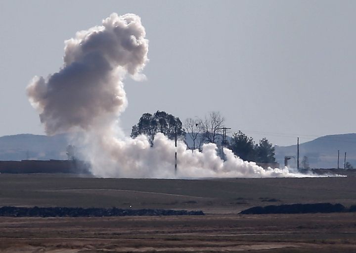Syrian Democratic Forces explode a mortar near an ISIS target in the autonomous region of Rojava, Syria. The fighters from the mostly Kurdish region in northern Syria have been retaking territory from ISIS with the help of airstrikes from U.S. led coalition warplanes. 