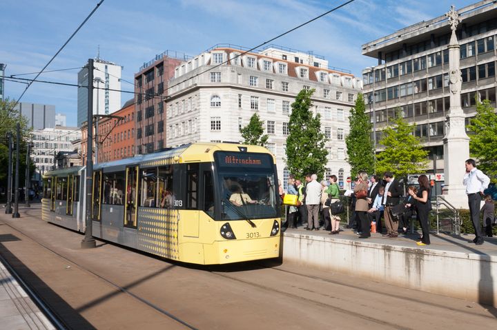 Metrolink station at St Annes square in Manchester City centre. A busy station on this tram route.