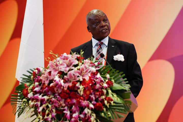David Okeyo speaks during the 50th IAAF Congress at the China National Convention Centre on August 20, 2015. Okeyo, a vice president of the Kenyan athletics federation, is currently being investigated by Kenyan police.