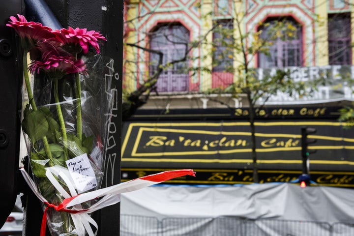 Flowers rest near Bataclan in Paris.